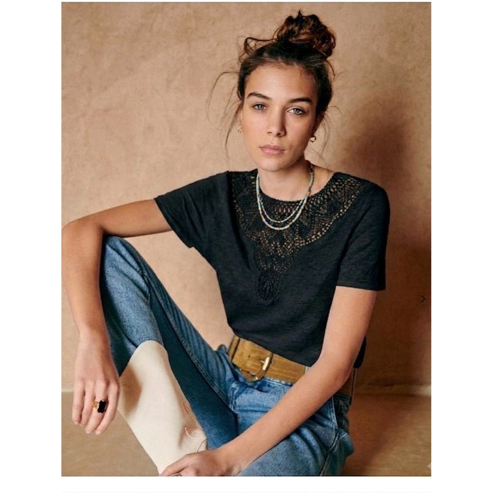 Sezane Black 100% Linen Embroidered Crochet Lace Tee S Coastal Minimalist Luxury
